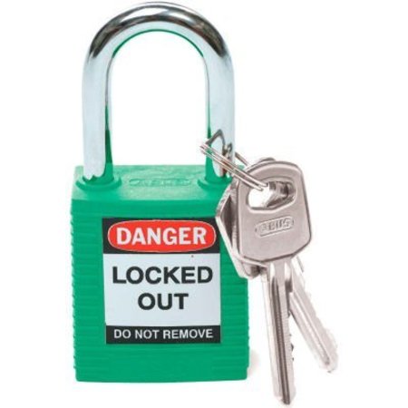 BRADY BradyÂ Safety Lockout Padlock W/ Label, 1-1/2", 1 Key, Plastic Covered Steel, Green 99564